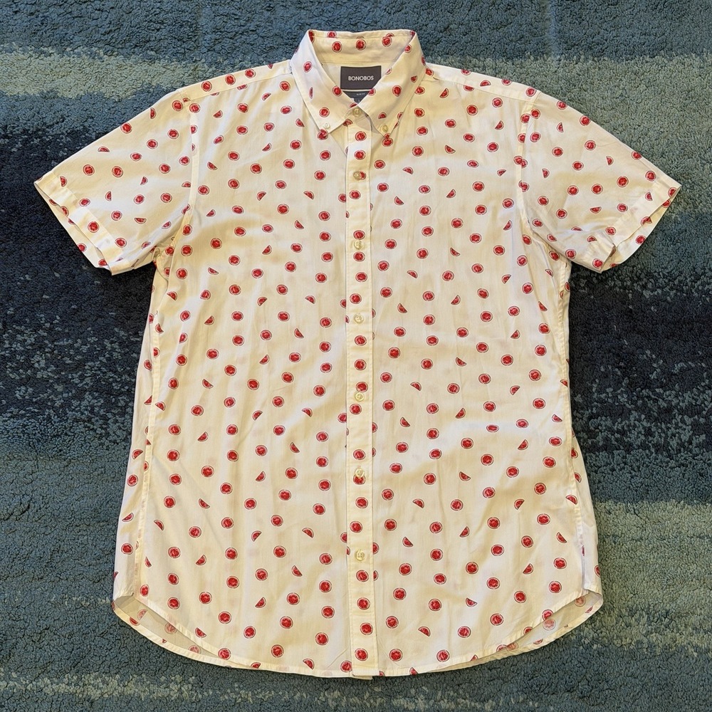 Bonobos Slim Fit Short Sleeve Button Down Shirt White Colorful AOP Mens Large